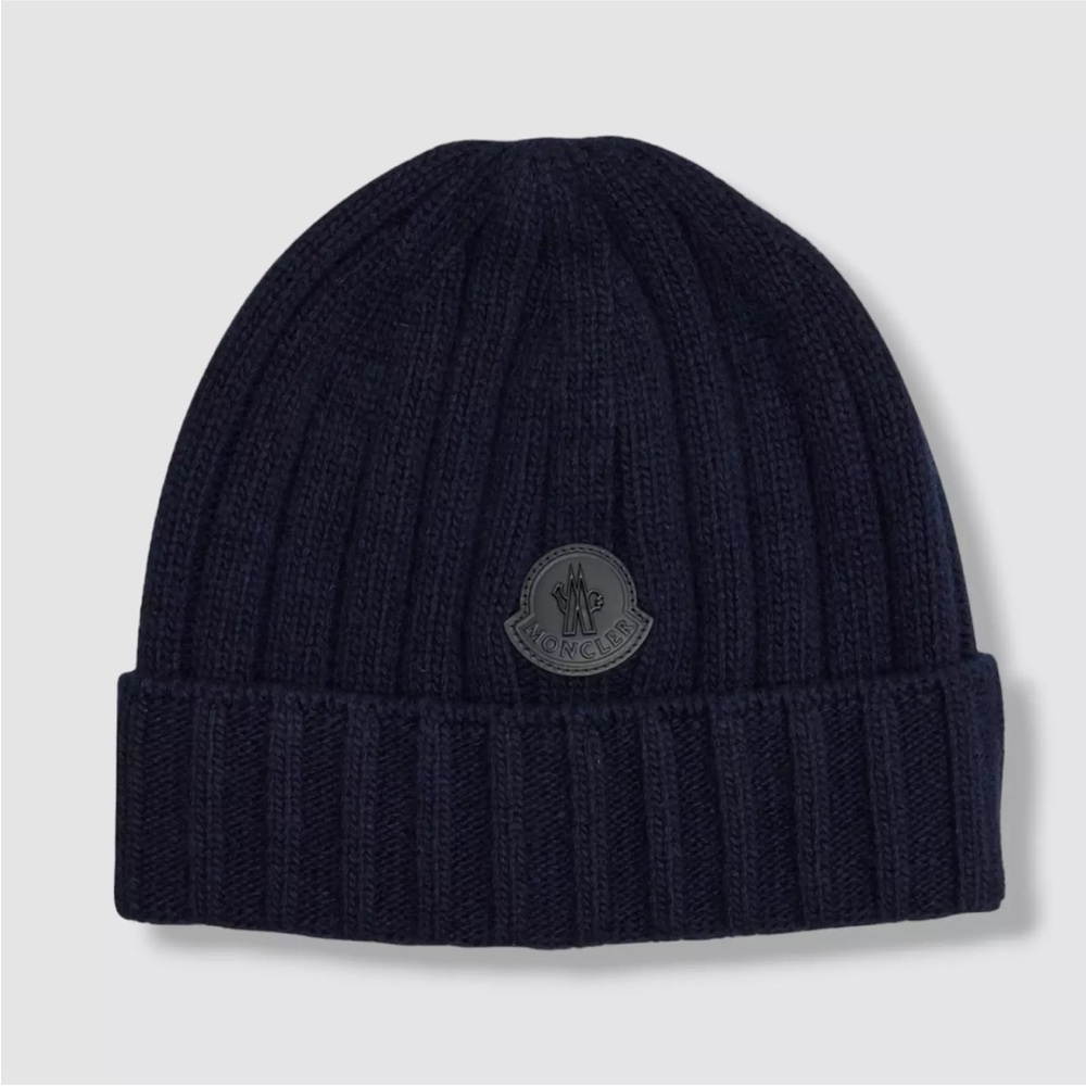 $335 Moncler Blue Wool Leather Rib-Knit Logo Beanie Hat Size UNI